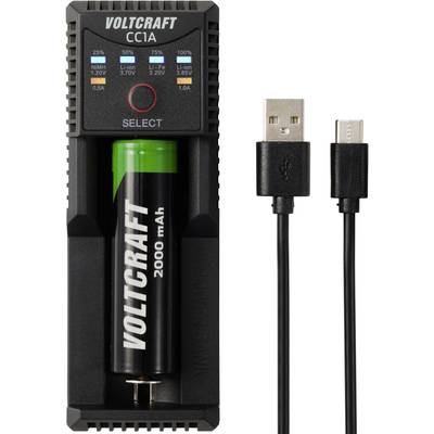 Batterijlader met een AA-batterij, laadstatusindicator en twee USB-kabels, één USB-A en één Micro-USB-kabel.