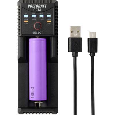 Een accuoplader met een paarse 18650-accu erin geplaatst en een USB-oplaadkabel bijgevoegd.