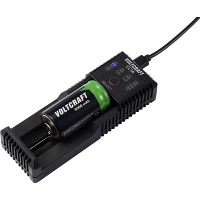 Oplader met een geplaatste, oplaadbare batterij, toont een laadstatus.