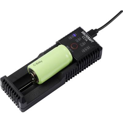 'Oplader laadt een groene C-baby-batterij. Display toont laadstatus en opties voor verschillende batterijtypen.'