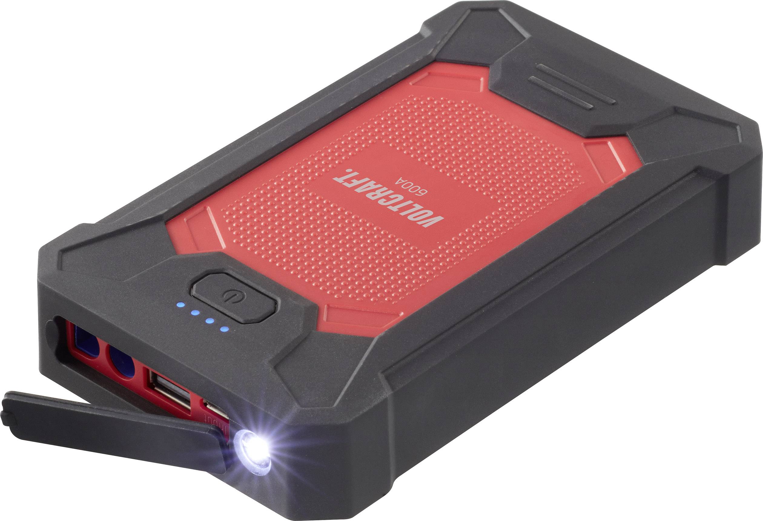 Rode en zwarte draagbare powerbank met geïntegreerde LED-zaklamp en USB-poort aan de zijkant.