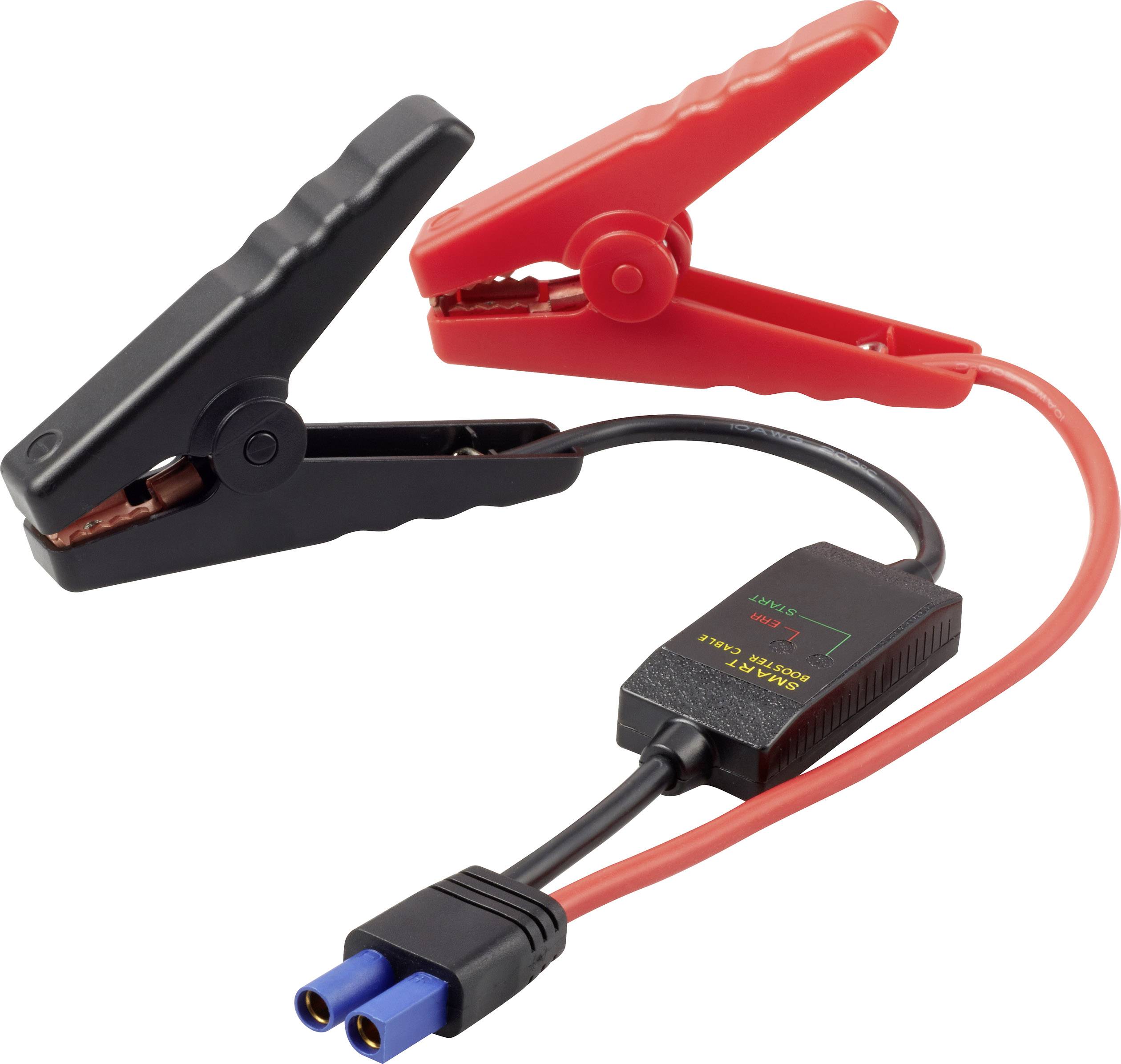 Een rood en een zwart startkabel met klemmen en een kleine besturingseenheid, gebruikt voor onderhoud van de voertuigaccu.