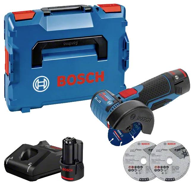'Bosch gereedschapsset met draagtas, elektrisch gereedschap, oplader, batterij en twee snijschijven getoond.'