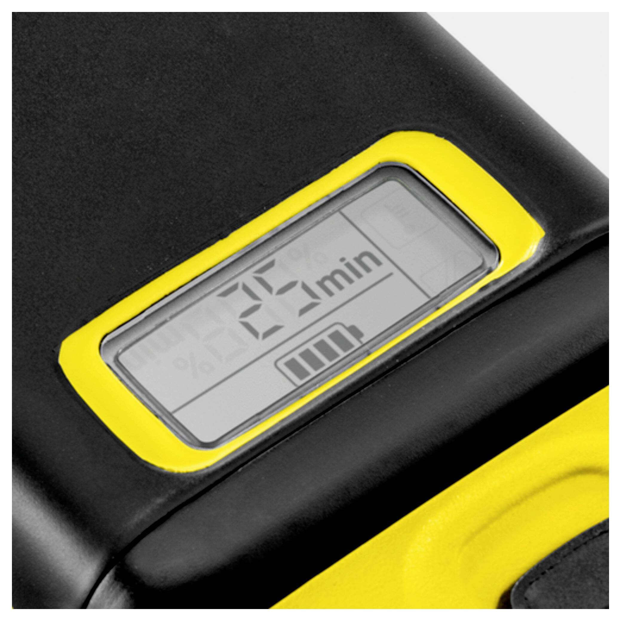 Een digitaal scherm dat '25 min' weergeeft naast een batterij-icoon met drie balkjes, wat een gedeeltelijke lading aangeeft, op een zwart en geel apparaat.