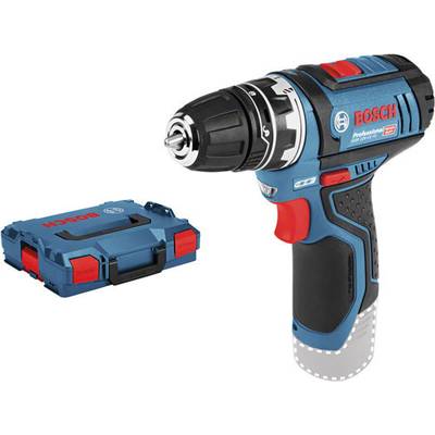 Accuschroevendraaier in het blauw met rode accenten van Bosch, naast een bijpassende transportkoffer.