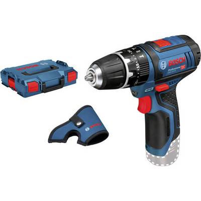 Accuschroefboormachine van Bosch met opbergkoffer en beschermkap. Hoofdzakelijk in blauw met rode accenten.