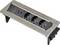Inbouw geplaatste geborsteld metalen stopcontactstrip met drie Europese stopcontacten en twee USB-poorten.