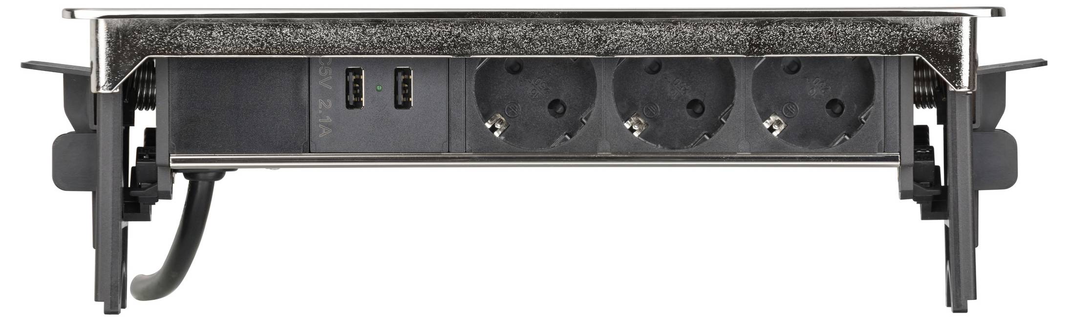 Vooraanzicht van een in een rek gemonteerde stroomverdeelingseenheid met meerdere stopcontacten en indicatorpoorten op een zwart metalen frame.