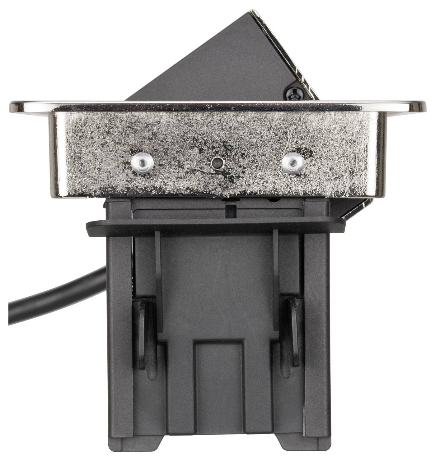 Vergroting van een zwart en metalen wipschakelaarcomponent met een aangebracht kabel, getoond tegen een witte achtergrond.