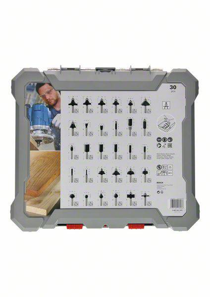 Grijze gereedschapskoffer met 30 freesjes, afbeeldingen van een vakman en houtbewerkingen. Bevat specifieke details over de freesjes.