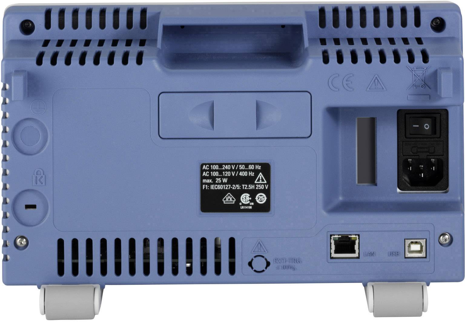 Achteraanzicht van een blauw elektronisch apparaat met stroomaansluiting, netschakelaar, USB- en Ethernet-poorten, evenals ventilatiesleuven.