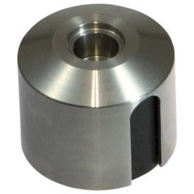 Een cilindrisch metalen onderdeel met een centrale boring, dat mechanisch bewerkt lijkt. Het heeft een glanzend oppervlak en een rechthoekige uitsparing aan de zijkant.
