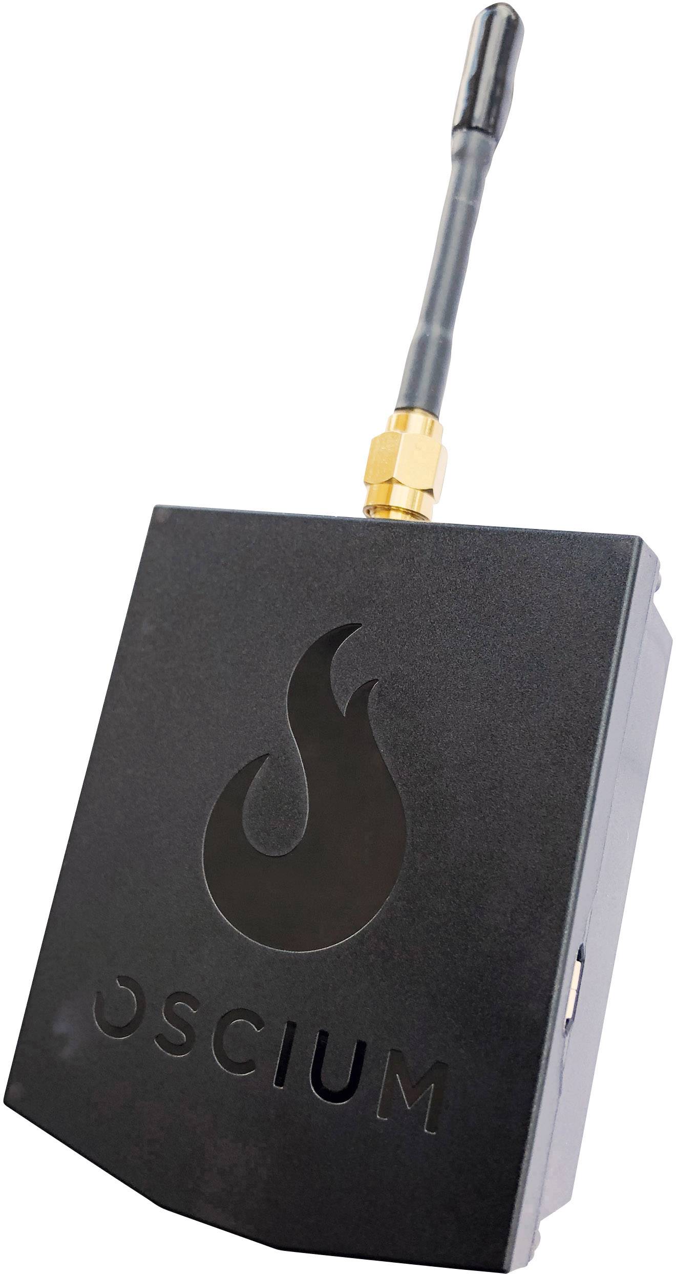 Zwart elektronisch apparaat met antenne en logo aan de voorkant. Wordt waarschijnlijk gebruikt voor draadloze communicatie.