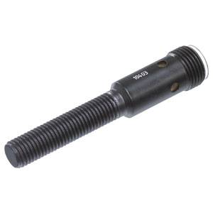 Een zwarte metalen pen met buitendraad en zijopeningen, geschikt voor industriële of mechanische toepassingen.
