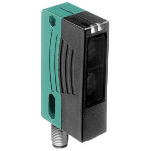 Een rechthoekige optische sensor met een zwart behuizing en groene zijkanten, geschikt voor industriële automatisering.