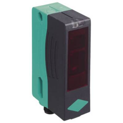 Een rechthoekige, groen-zwarte sensor met een zichtbaar rood lichtbereik. Hij wordt gebruikt voor afstandsmeting.