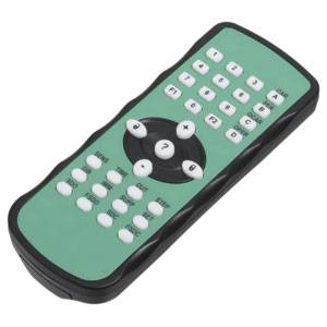 Een zwarte en groene afstandsbediening met witte toetsen, die functies zoals volume en zenderbesturing biedt.