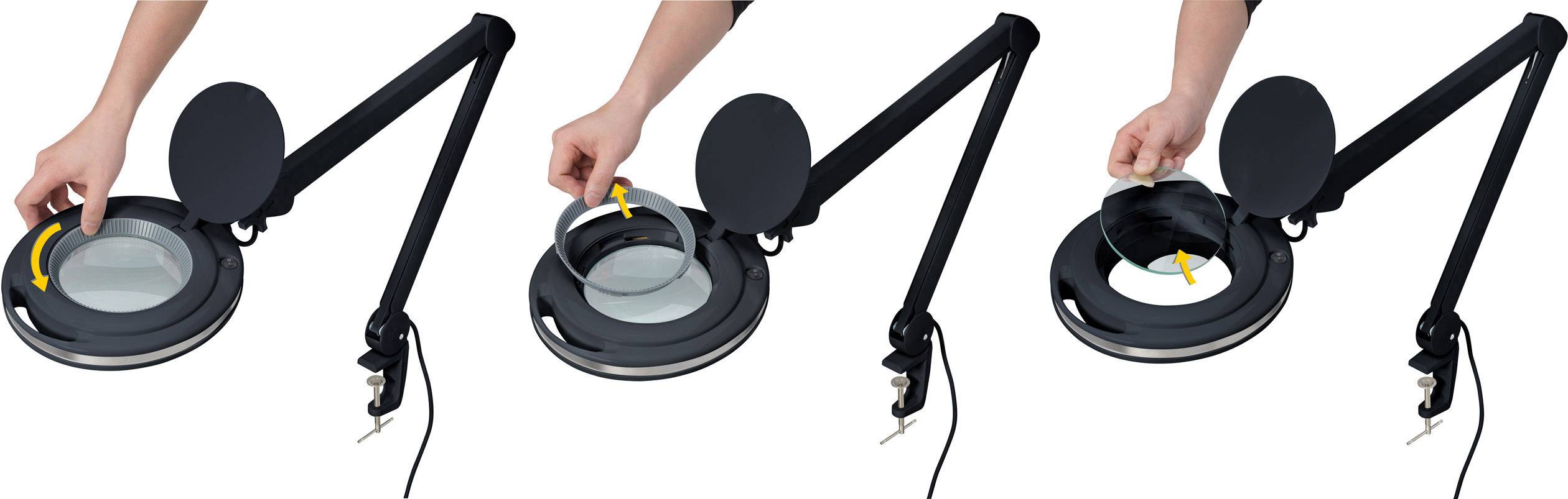 'Een arm van een loeplamp wordt in drie stappen gemonteerd: deksel openen, lens plaatsen, deksel sluiten.'