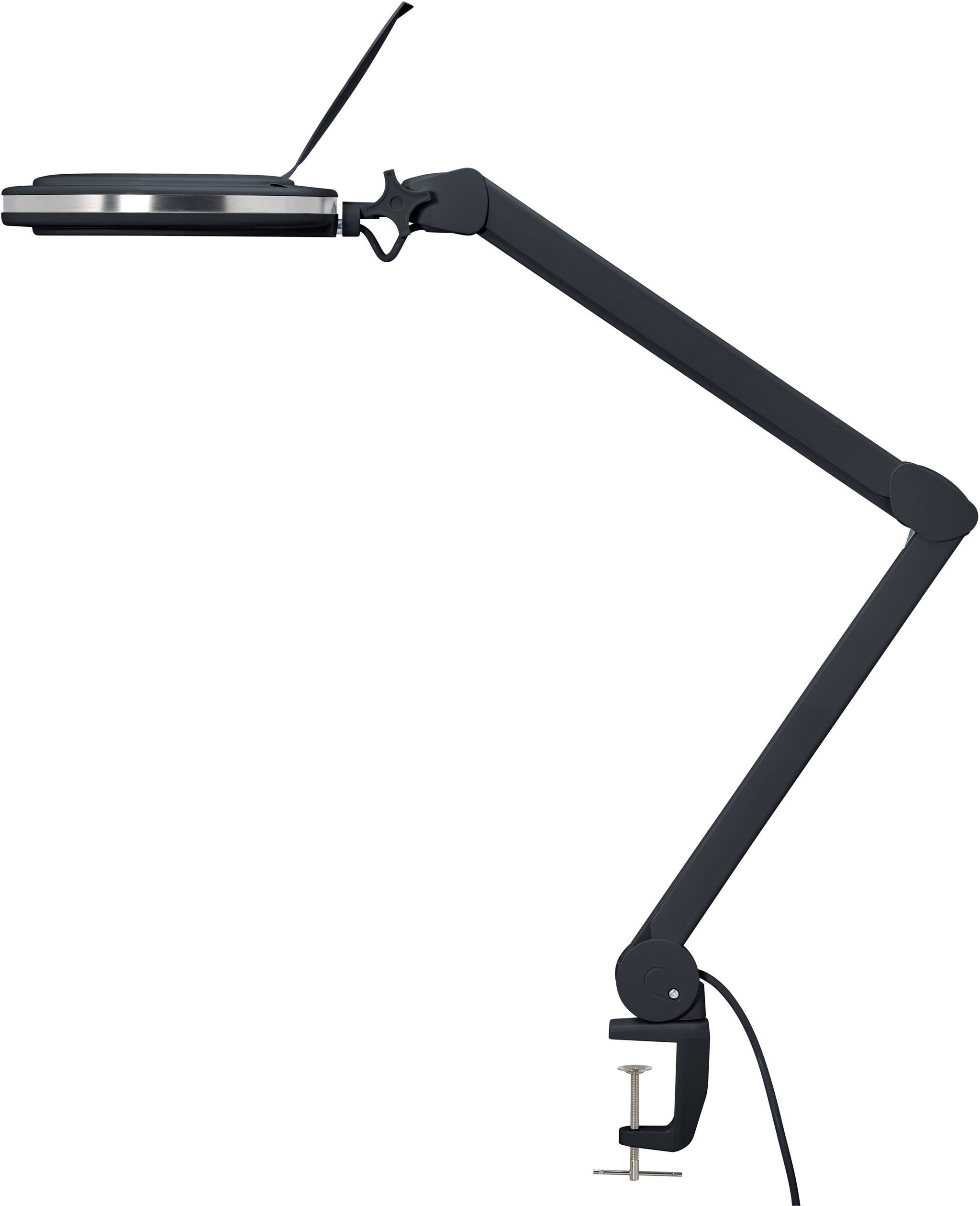 'Een zwarte bureaulamp met verstelbare arm en klem voor de tafelrand.'