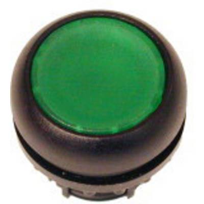 Groene knop met zwarte rand, typisch gebruikt voor besturings- of activeringsdoeleinden op machines.