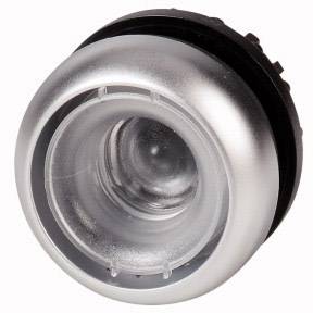 Een ronde, zilveren elektronische schakelaar met een transparante afdekking.