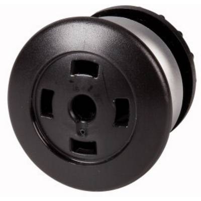 Ronde, zwarte knop met drie openingen, vergelijkbaar met een stopcontact. Gebruik onduidelijk, mogelijk een stekker of accessoire.