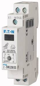 Een witte elektrische schakelaar van EATON met blauwe markering en aanpassingsschroeven, geschikt voor montage op een DIN-rail.