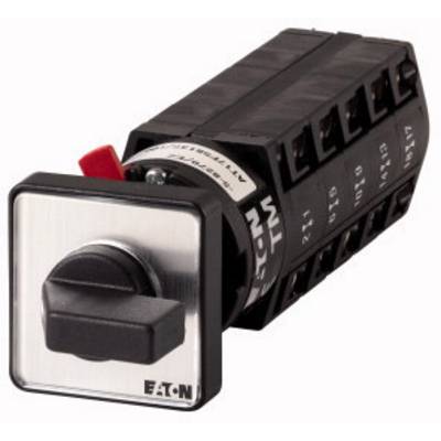 Zwarte draaiknop met zilveren frontplaat en een rood veiligheidselement, gebruikt voor het bedienen van elektrische apparaten of machines.