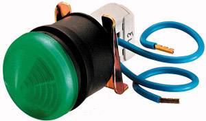 Groene drukschakelaar met blauwe kabels, elektronicatoebehoren, geschikt voor doe-het-zelfprojecten of reparaties.