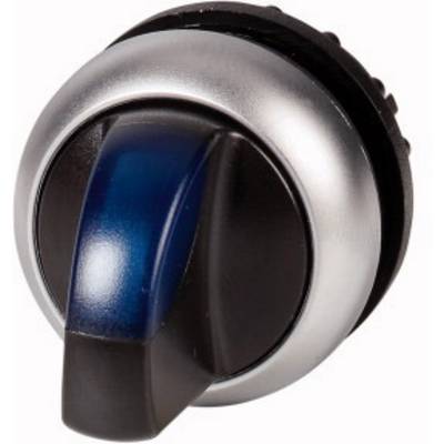 Een zilveren en zwarte draaiknop met blauwe markering, geschikt voor het bedienen van apparaten.