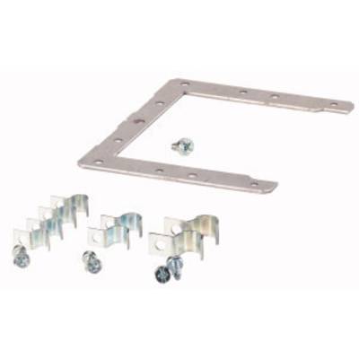 Montageset voor hoeken met metalen hoeksteunen, schroeven en bevestigingsklemmen, geschikt voor rechthoekige of vierkante frames.