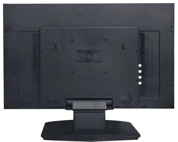 Een zwarte flatscreen van achteren gezien, met een standaard en meerdere aansluitingsmogelijkheden aan de achterkant.