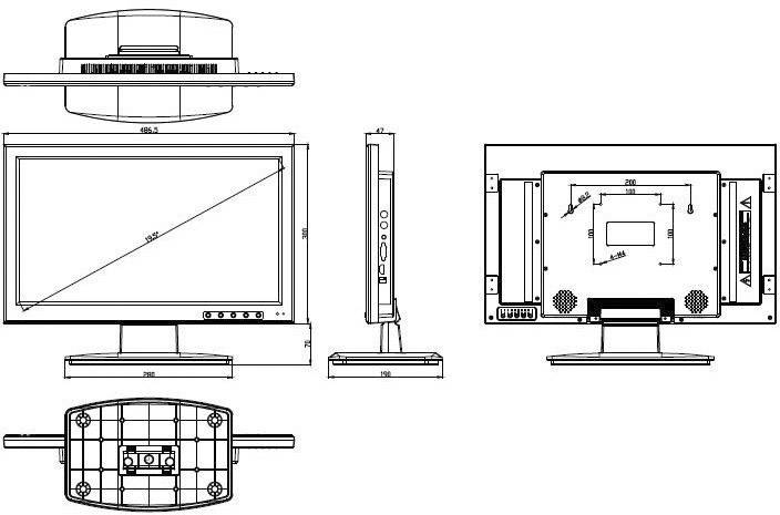 Technische tekening van een monitor met vooraanzicht, zijaanzicht en achteraanzicht. Toont afmetingen en aansluitingen voor montage en verbinding.