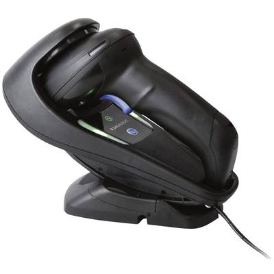 Een handscanner in een laadstation, verbonden met een kabel. De scanner heeft een zwart-blauwe oppervlakte en groene indicatorelementen.