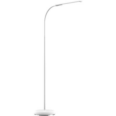 Staande lamp met slanke, moderne vormgeving, wit, geplaatst op een rond voetstuk, geschikt voor woon- of werkruimtes.