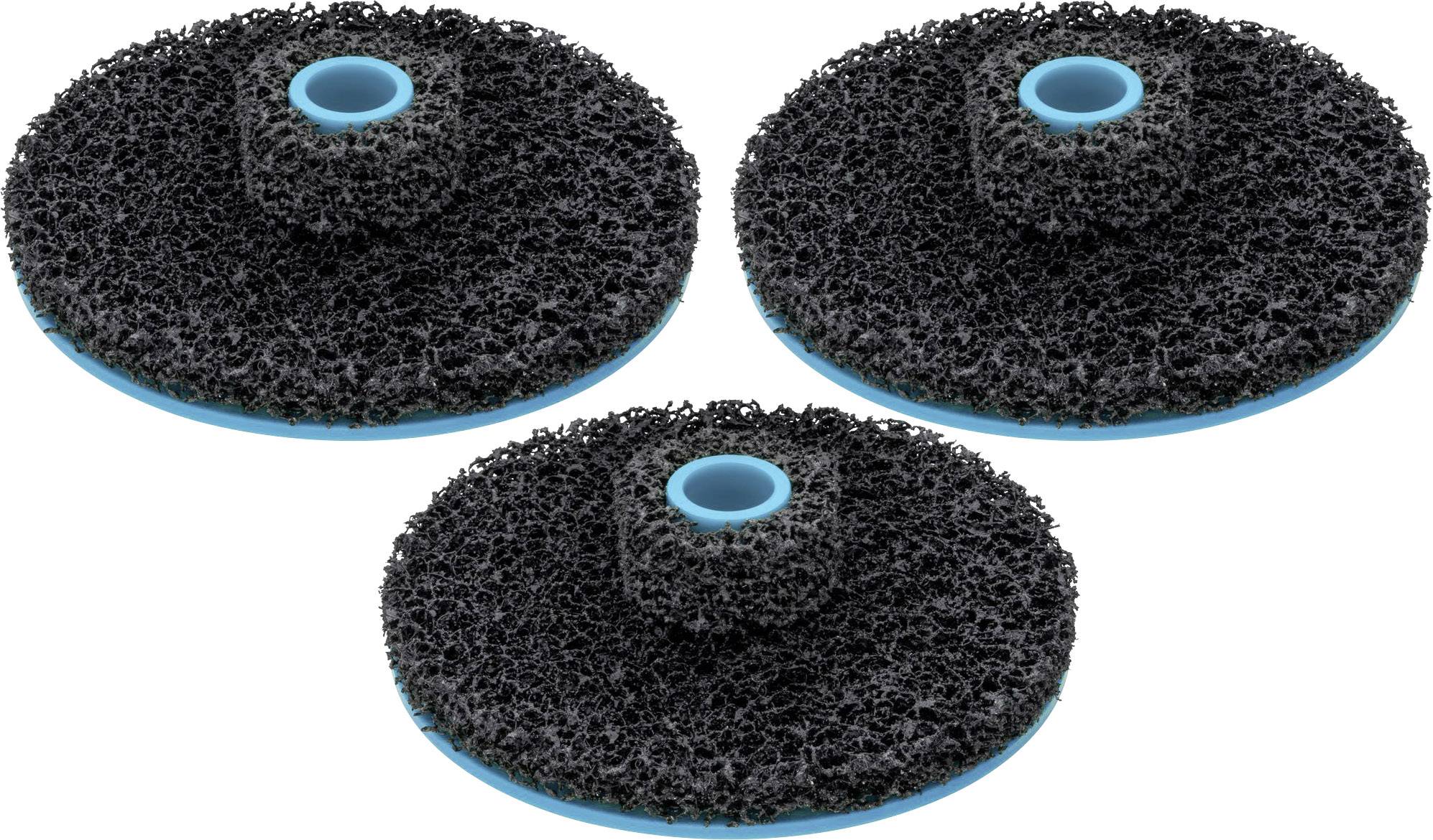Drie zwarte ronde reinigingspads met een blauwe onderkant, gebruikt voor schoonmaakwerkzaamheden.