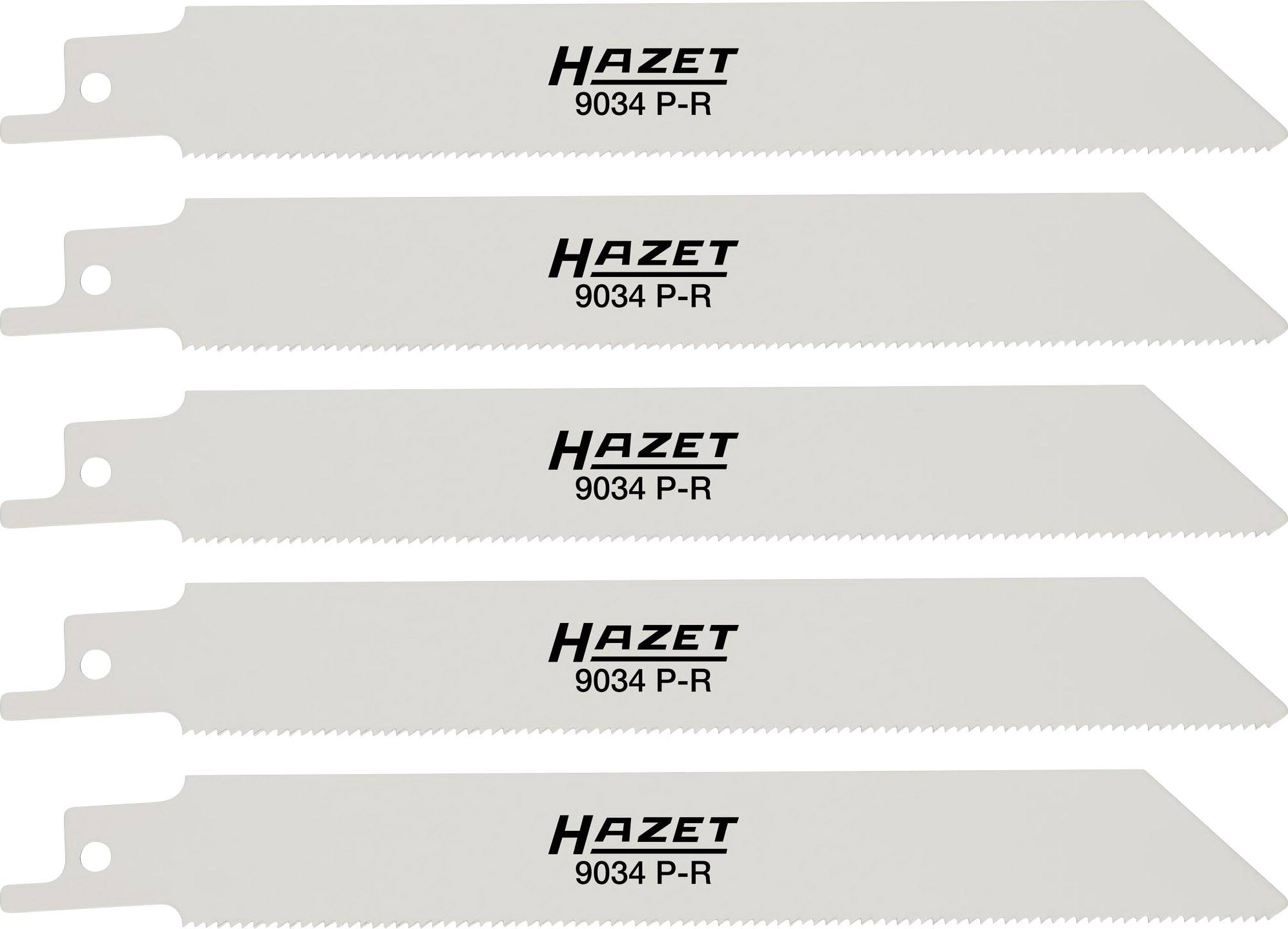 Vijf zaagbladen met de opdruk 'HAZET 9034 P-R', symmetrisch gerangschikt. Ze zijn geschikt voor ambachtelijk of industrieel gebruik.