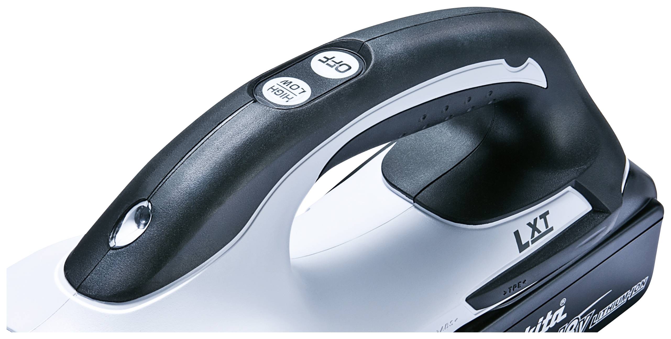 Een handgreep van een elektrisch apparaat met een schakelaar voor in- en uitschakeling, voorzien van het opschrift 'LXT'.