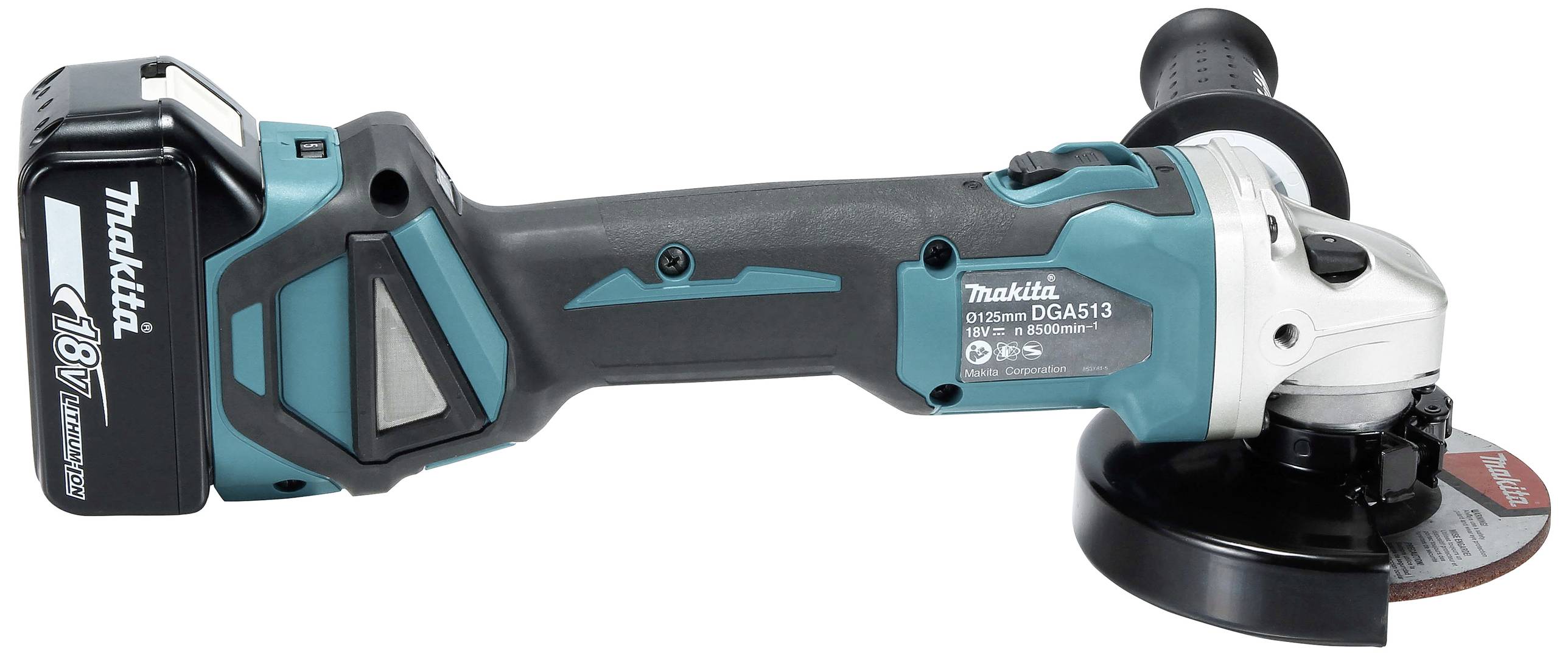 Een draadloze haakse slijpmachine met een blauw-zwarte behuizing van Makita. Hij heeft een ergonomische handgreep en een 18V-accu.