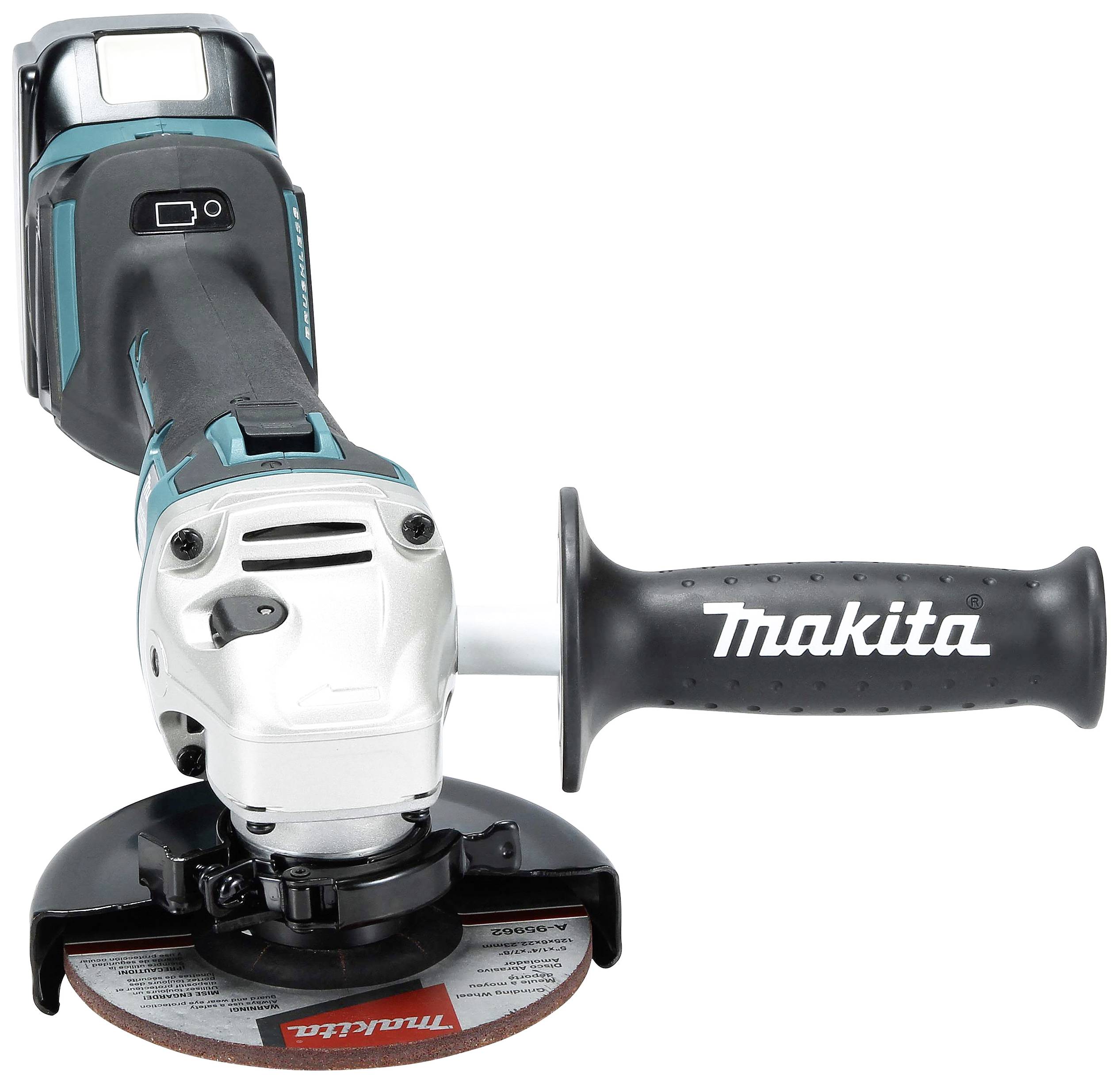 Accustroomgedreven haakse slijpmachine met zwart en blauw behuizing. Handgreep met 'Makita'-logo.