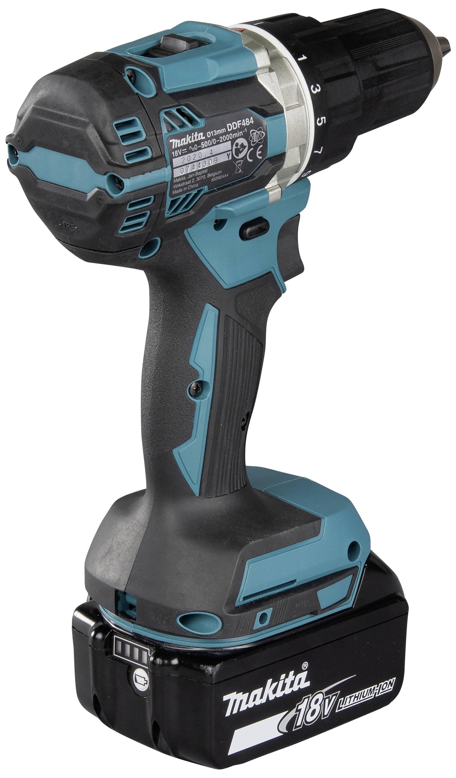 Accuschroevendraaier in blauw en zwart met een 18V lithium-ion accu.
