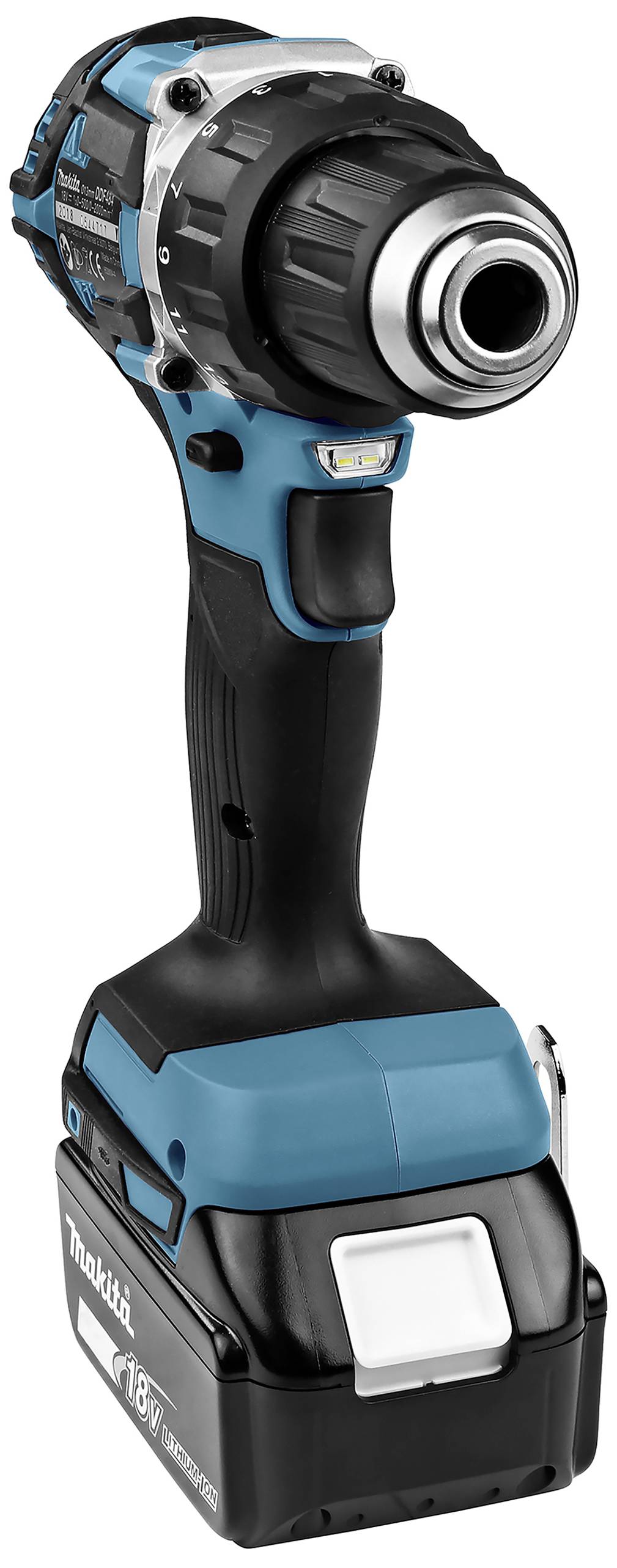 Een blauwe en zwarte accuschroefmachine die rechtop staat. Hij toont het merkenlogo en heeft een robuust, ergonomisch ontwerp.