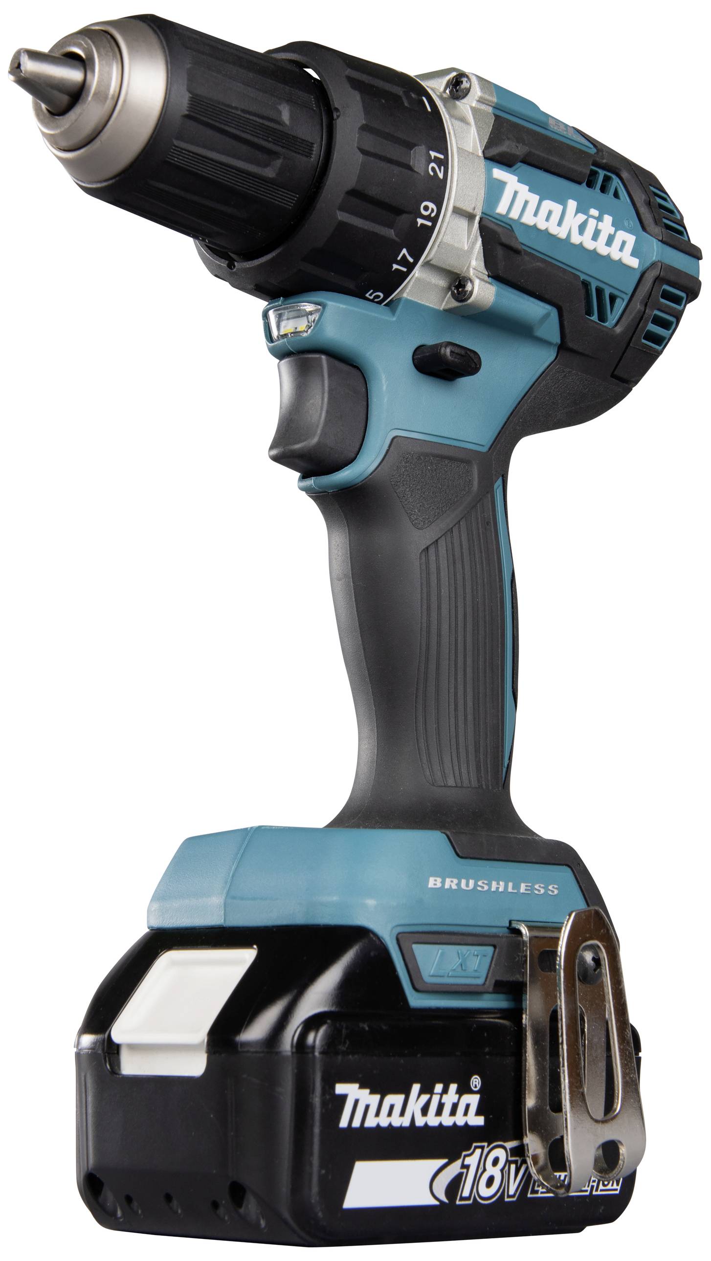 Draadloze accuschroevendraaier in blauw met 18-Volt-accu en borstelloze motor van Makita.