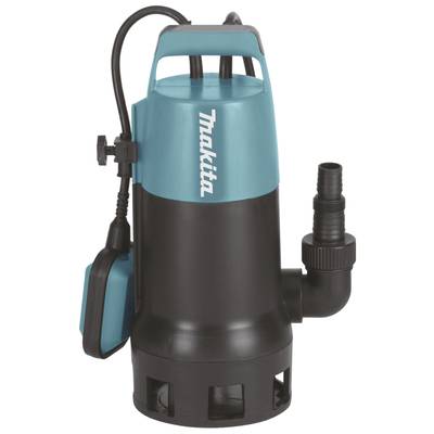 'Makita dompelpomp Model PF1110, blauw-zwart, met wateraansluiting en vlotter, geschikt voor waterafvoer en watertransport.'