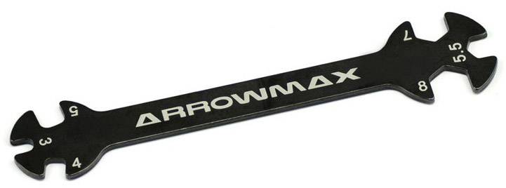 Zwarte metalen sleutel met meerdere zeskantformaten en de tekst 'ARROWMAX' in het midden.