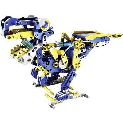Een modelbouw-robot in de vorm van een dinosaurus, gemaakt van blauwe en gele onderdelen, met tandwielen en mechanische armen.