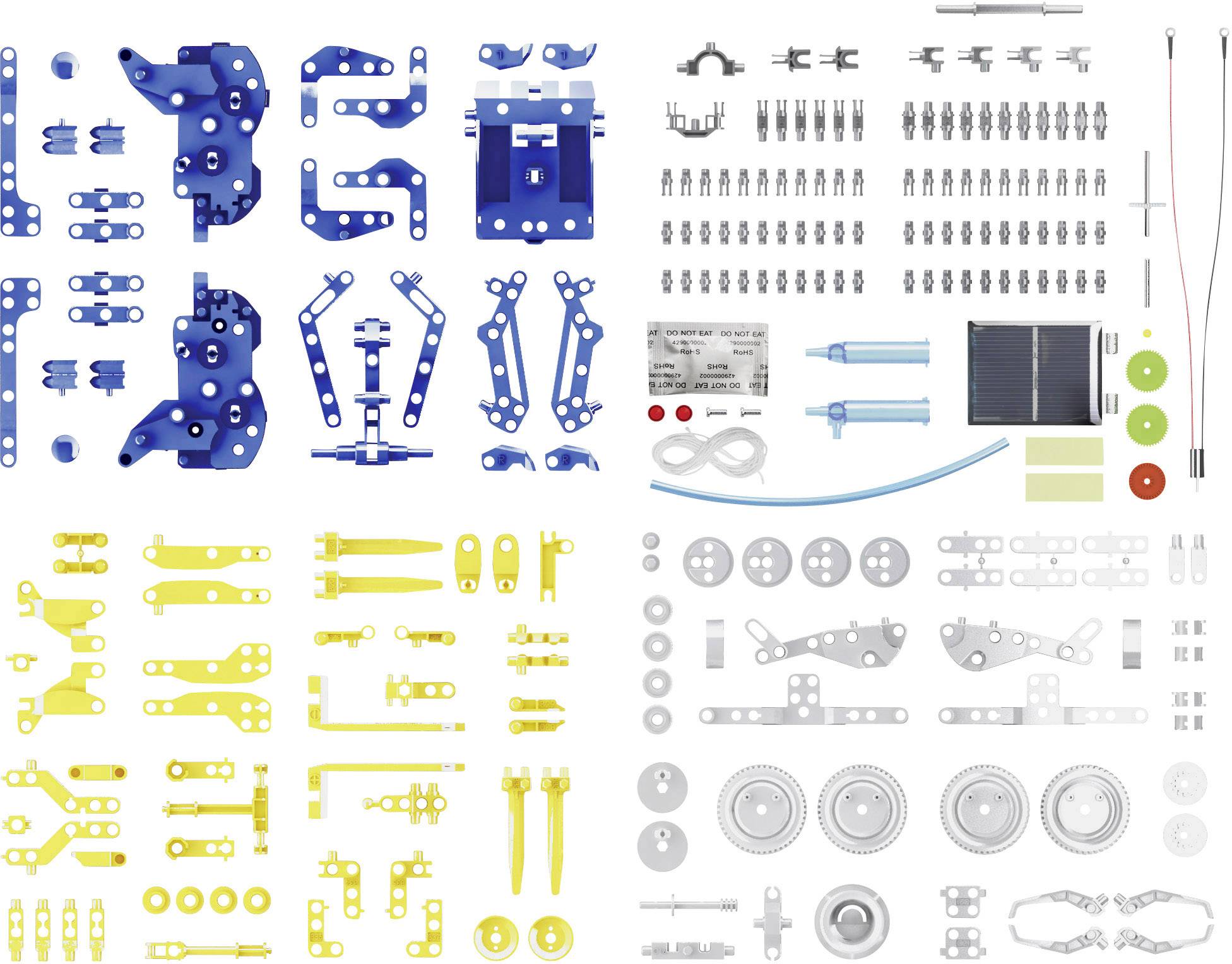 Bouwpakket voor een robotvoertuig met blauwe, gele en zilveren metalen onderdelen, schroeven, motoren en een zonnepaneel.