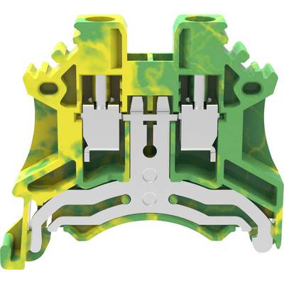 Een tweekleurig elektrisch verbindingselement in geel en groen, met metalen componenten aan de binnenkant.