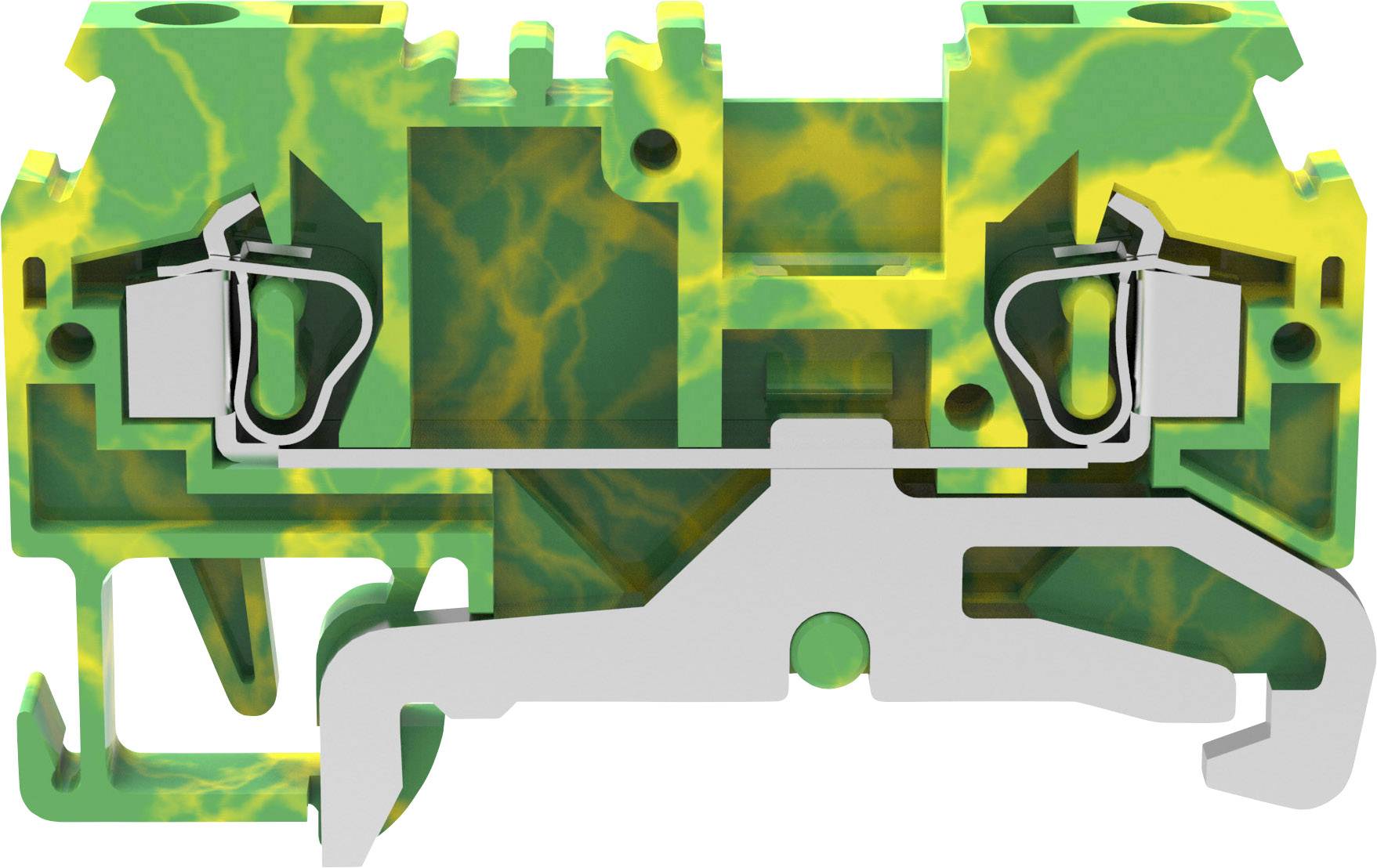 Groene en gele geopende kunststof aansluitblok. Toont binnenste metalen onderdelen voor elektrische aansluitingen.