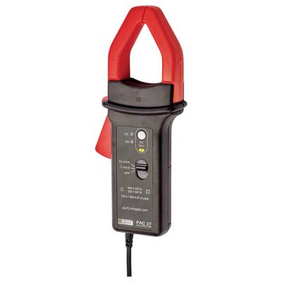 Een ampèretang met rode tang en zwarte behuizing, geschikt voor AC/DC-metingen en met automatische uitschakeling.